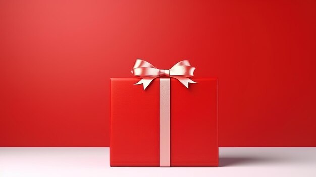 Geschenkkiste mit rotem Band und großer Schleife auf rotem Hintergrund mit Kopierplatz Ai