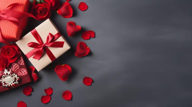 Geschenkkiste mit rotem Band und Rosenblättern