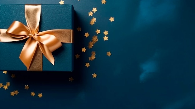 Geschenkkiste oberster Blick Elegante blaue Geschenkkaste mit goldener Schleife auf dunkelblauem Hintergrund Kopierraum Generative KI