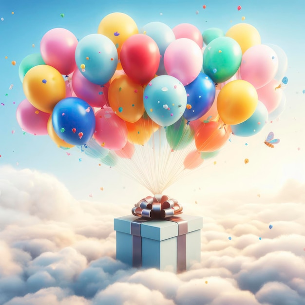 Geschenkkiste und bunte Ballons, die im Himmel fliegen
