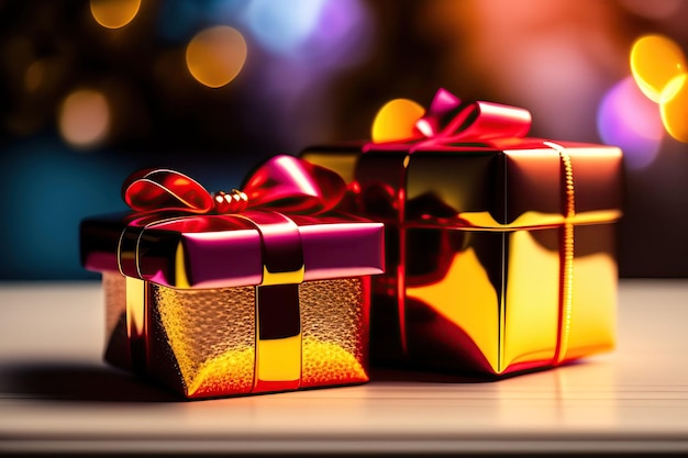 Geschenkkiste und Laptop mit Bokeh-Hintergrund