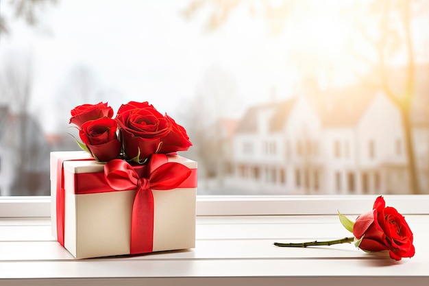 Geschenkkiste und rote Rosen auf einem weißen Holztisch