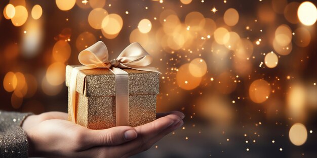 Geschenkkiste Weihnachtsbaum und Weihnachtenlichter auf Bokeh und verschwommenen Hintergrunddekorationen Xmas feiern neues Jahr glückliches Fest