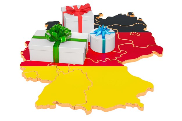 Foto geschenkkisten auf der deutschen karte weihnachts- und neujahrsfeiertage in deutschland konzept 3d-rendering isoliert auf weißem hintergrund