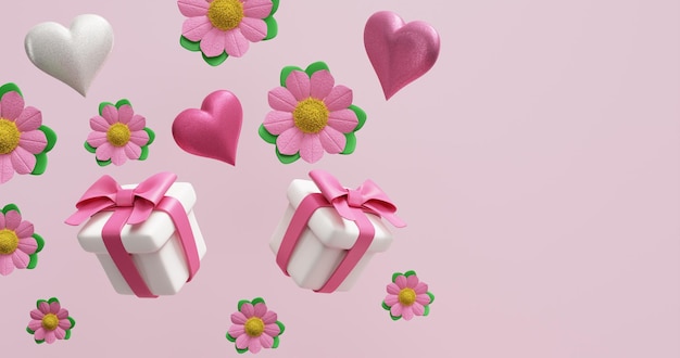 Geschenkkisten Blumen Herzen 3D-Rendering