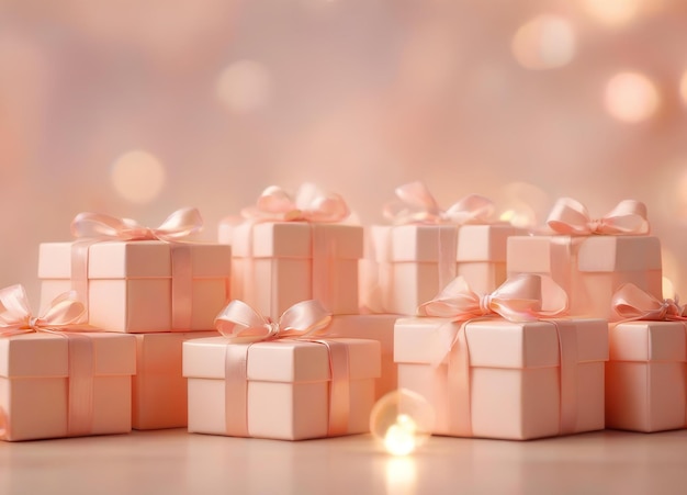 Geschenkkisten mit Band und gebundener Schleife auf verschwommenem Bokeh-Hintergrund in der trendigen Farbe Peach Fuzz Elegant