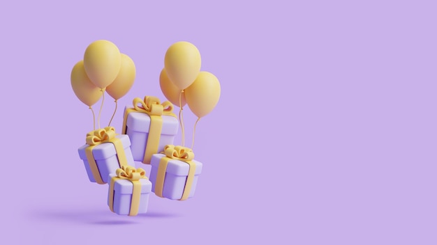 Geschenkkisten und Ballons auf pastellviolettem Hintergrund Feiertagsdekoration Feierliches Geschenküberraschung 3D
