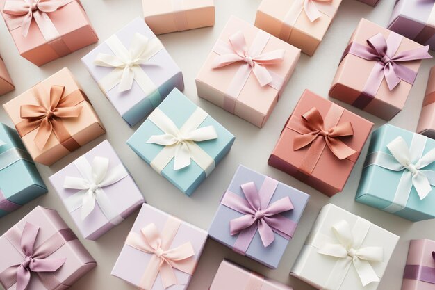 Geschenkkisten und Blumen auf hellem Hintergrund Geschenk für Frauen Verkaufsrabatt Pastellfarben