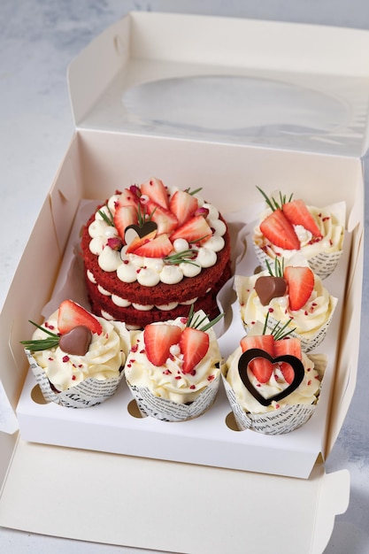 Geschenkset für den Feiertag Red Velvet Bento Cake mit frischen Erdbeeren und Red Velvet Cupcakes mit Erdbeerschokolade und Frischkäsecreme