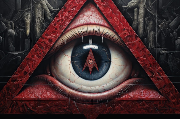 Geschichte und Geheimnisse der Illuminati-Konzepthypothesen mit Symbolen von Augen, Dreiecken, Pyramiden, Außerirdischen