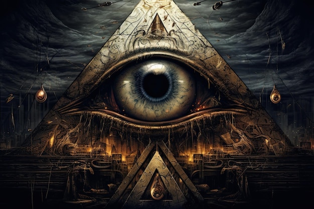 Geschichte und Geheimnisse der Illuminati-Konzepthypothesen mit Symbolen von Augen, Dreiecken, Pyramiden, Außerirdischen