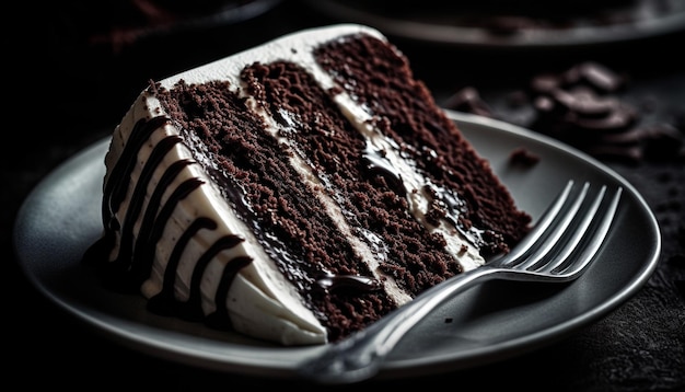 Foto geschichtetes schokoladenkuchenstück mit cremiger glasur, erzeugt durch ki