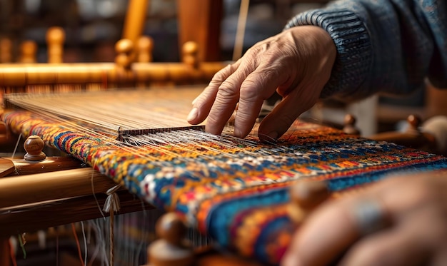 Geschickte Hände weben auf einem traditionellen türkischen Teppichwebstuhl sorgfältig komplizierte Muster