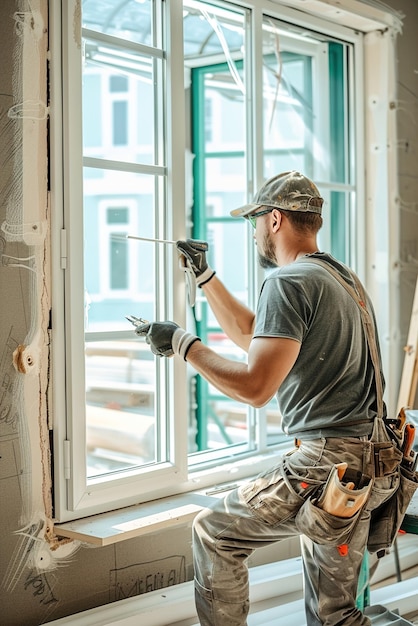 Geschickte Handwerker ersetzen PVC-Fenster mit Werkzeugen in der Hand und zeigen Präzision in Wohnungen