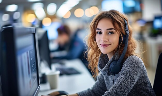 Geschickte und hingebungsvolle Frau arbeitet an einem Computer im Kundendienstzentrum