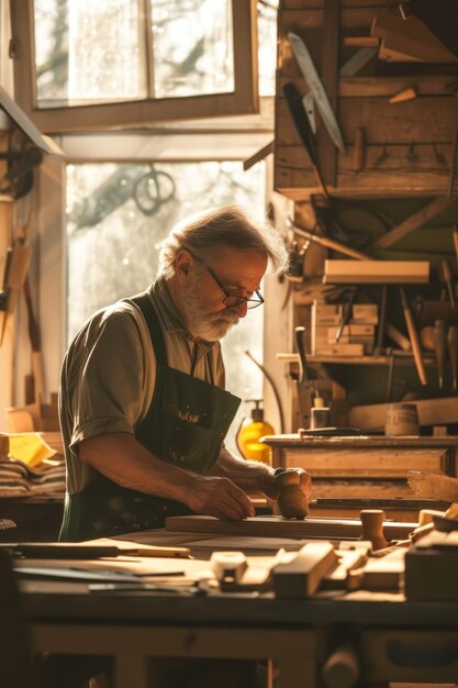 Geschickter älterer Handwerker, der in einer sonnigen Werkstatt umgeben von Werkzeugen und Holzstücken arbeitet