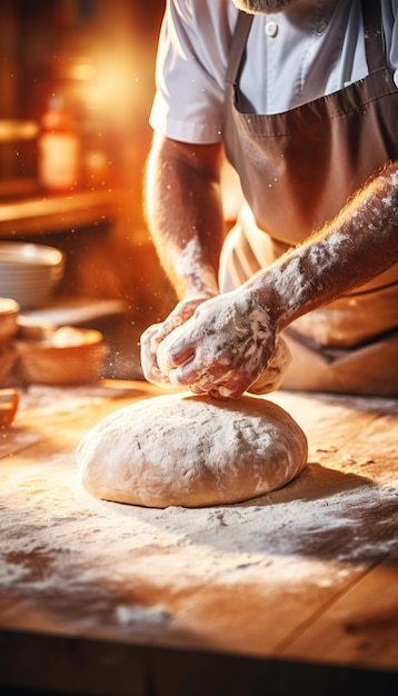 Geschickter Bäcker knetet sorgfältig Teig zum Backen von Brot in einer Bäckerei mit verschwommenem Hintergrund