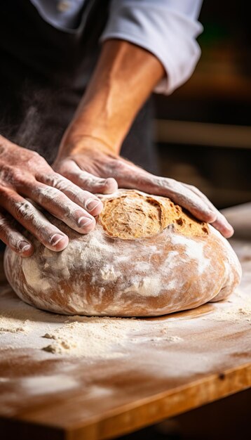 Geschickter Bäcker knetet Teig in einer Bäckerei mit verschwommenem Hintergrund und Kopierraum für Text