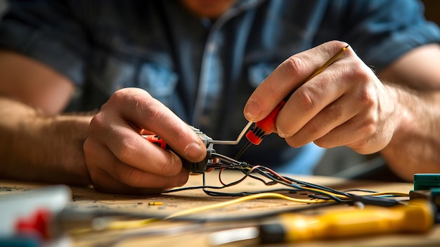 Geschickter Elektriker repariert elektrische Leitungen mit speziellen Werkzeugen in einer modernen Werkstatt