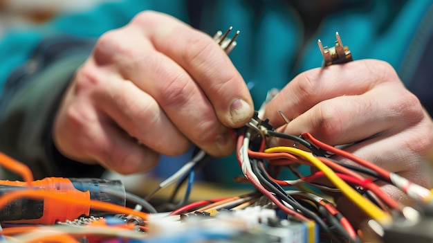 Geschickter Elektriker repariert elektrische Systeme mit Schwerpunkt auf Händen und Werkzeugen