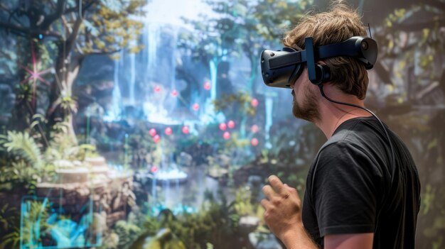 Foto geschickter gamer mit vr-gogles, die sich im visual world-programm aig verbinden