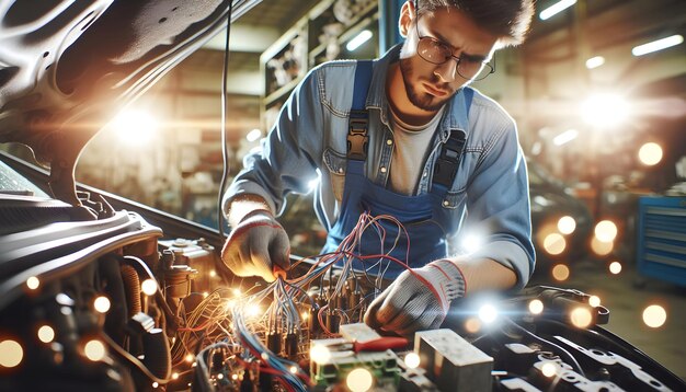 Foto geschickter mechaniker, der das elektrische system der autos im täglichen umfeld beleuchtet