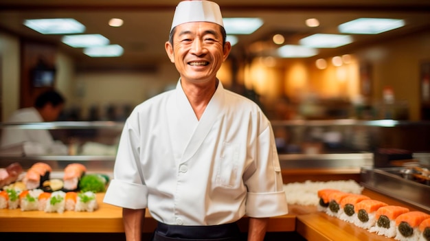 Geschickter Sushi-Chef, der Sushi-Rollen herstellt und mit kulinarischem Stolz lächelt