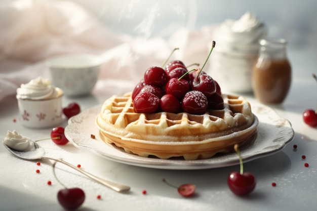 Geschlossen aus Erdbeerkuchen und Waffeln mit Obst im nordischen Stil