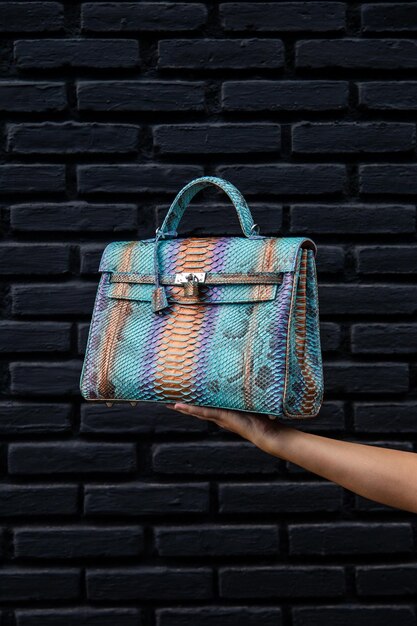 Geschlossen von trendigem Frauenoutfit, schwarzem Hemd, blauer Python-Tasche