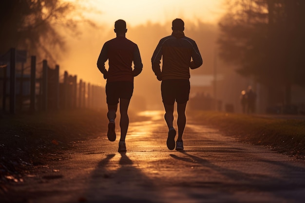 Geschlossene Männer von hinten beim Joggen im morgendlichen Lichtstrahl