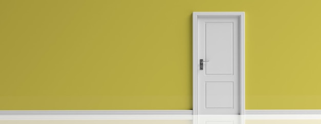 Geschlossene Tür weiß auf gelber Wand Hintergrund Banner kopieren Raum 3D-Darstellung