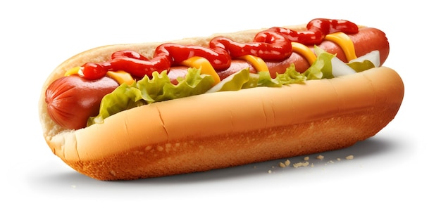 Geschmackhafte Hotdogs, Senf, Ketchup, verschiedene Toppings, amerikanische Würstchen, heißer, isolierter weißer Hintergrund.
