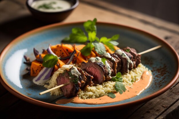 Geschmacksrichtungen von gewürztem Lammkebab begleitet von einem erfrischenden Couscous-Salat und einer scharfen Harissa-Joghurt-Sauce Generative AI