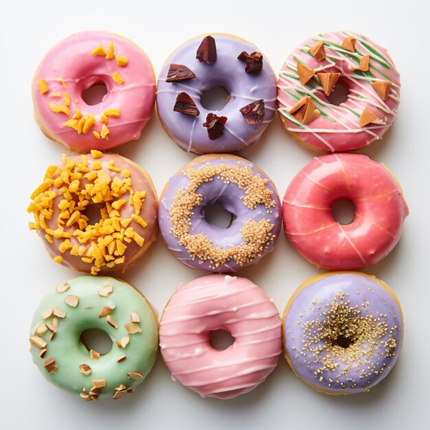 Foto geschmackvolle donuts mit farbenfrohen verschiedenen farbigen donuts, die auf weißem hintergrund isoliert sind, generiert von ki