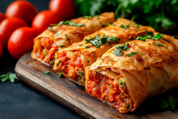 Geschmackvolle Gebäckrollen mit frischem Gemüse und Gewürzen, die mit reifen Tomaten serviert werden