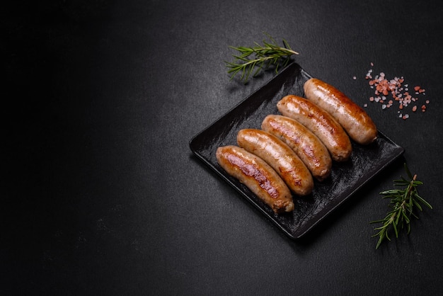 Geschmackvolle gegrillte Würstchen mit Gewürzen und Kräutern auf einem schwarzen Schieferteller
