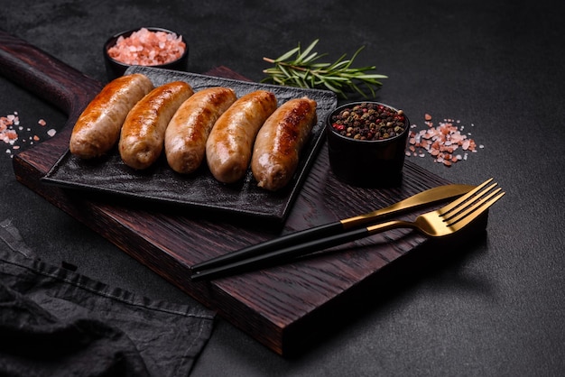 Geschmackvolle gegrillte Würstchen mit Gewürzen und Kräutern auf einem schwarzen Schieferteller