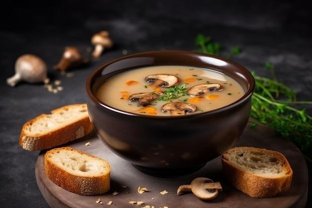 Geschmackvolle Pilzsuppe mit Croutons Grauer Hintergrund
