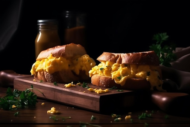 Geschmackvolle Sandwiches mit Rührei auf dunklen Holzplatten Ai Generative