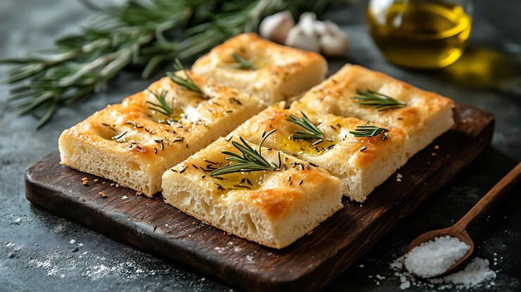 Foto geschmackvolle und gesunde rosmarin-focaccia-brotkomposition mit salzöl und blättern typische generative ai