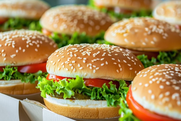 Geschmackvoller Burger, köstliches Fastfood, hochwertiges Essen, Sandwich, Tomaten, Käse, Hamburger, amerikanisches Mittagessen.