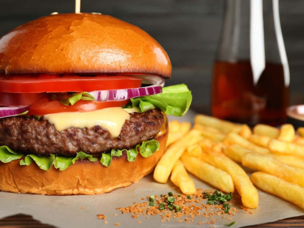 Geschmackvoller Burger mit Pommes Frites, der auf einem Holztisch in der Nähe serviert wird.