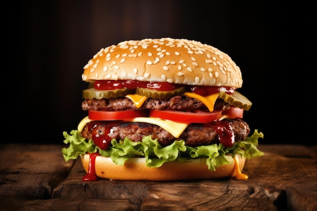 Geschmackvoller Burger mit Salat, Tomatenkäse und Sesamkornbrötchen auf einem Holztisch