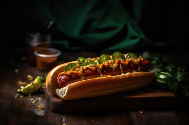 Geschmackvoller Hotdog mit saftiger Wurst und farbenfrohen Toppings generativ IA