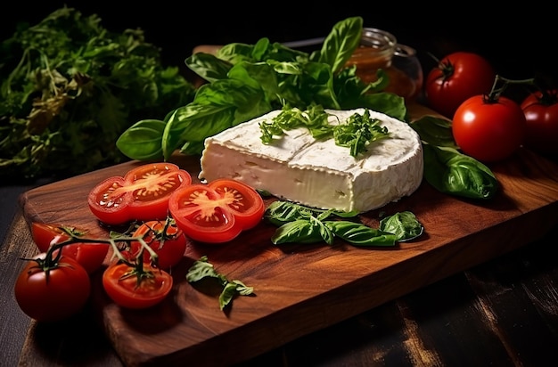 Geschmackvoller Medley-Ziegenkäse mit Tomaten und Grün auf Holzoberfläche