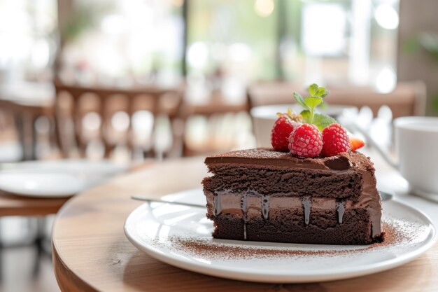 Geschmackvoller Schokoladenkuchen, der auf einem weißen Tisch serviert wird