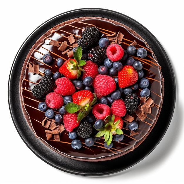 Geschmackvoller Schokoladenkuchen, geschmückt mit Erdbeeren und Beeren, die auf schwarzem Hintergrund isoliert sind