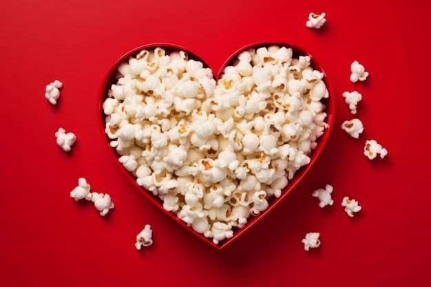 Geschmackvolles gesalzenes Popcorn in herzförmig gestreiftem Karton auf rotem Hintergrund Valentinstag 14. Februar Feiern Kino romantisches Date-Konzept Top-View Mockup mit Kopierraum
