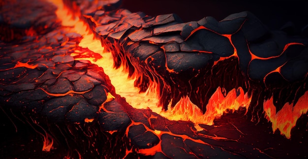 Geschmolzene Lava oder Magma aus einem von der KI generierten Vulkanbild