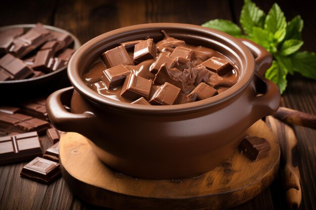 Geschmolzene Schokolade in einem Topf mit Schokoladenstücken herum